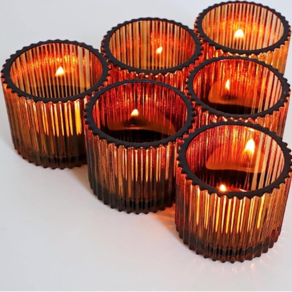 Set of 6 - Large Ribbed Amber Glass Tealight / Votive Candle Holders